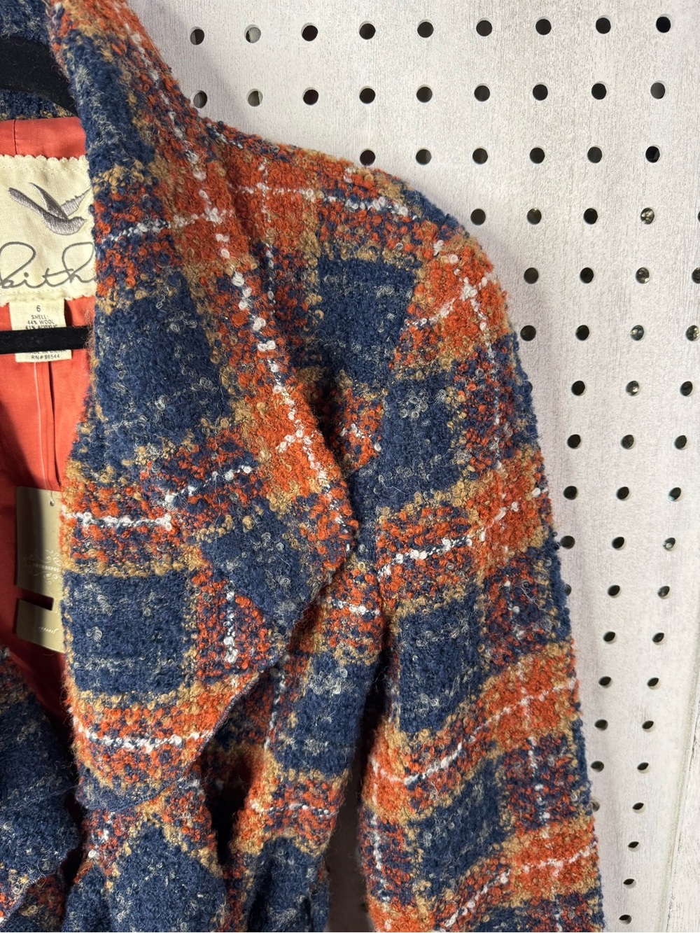 Tabitha Wool Blend Plaid Tie Waist Blazer Jacket Navy Rust Orange Size 6 NWT - Picture 8 of 12